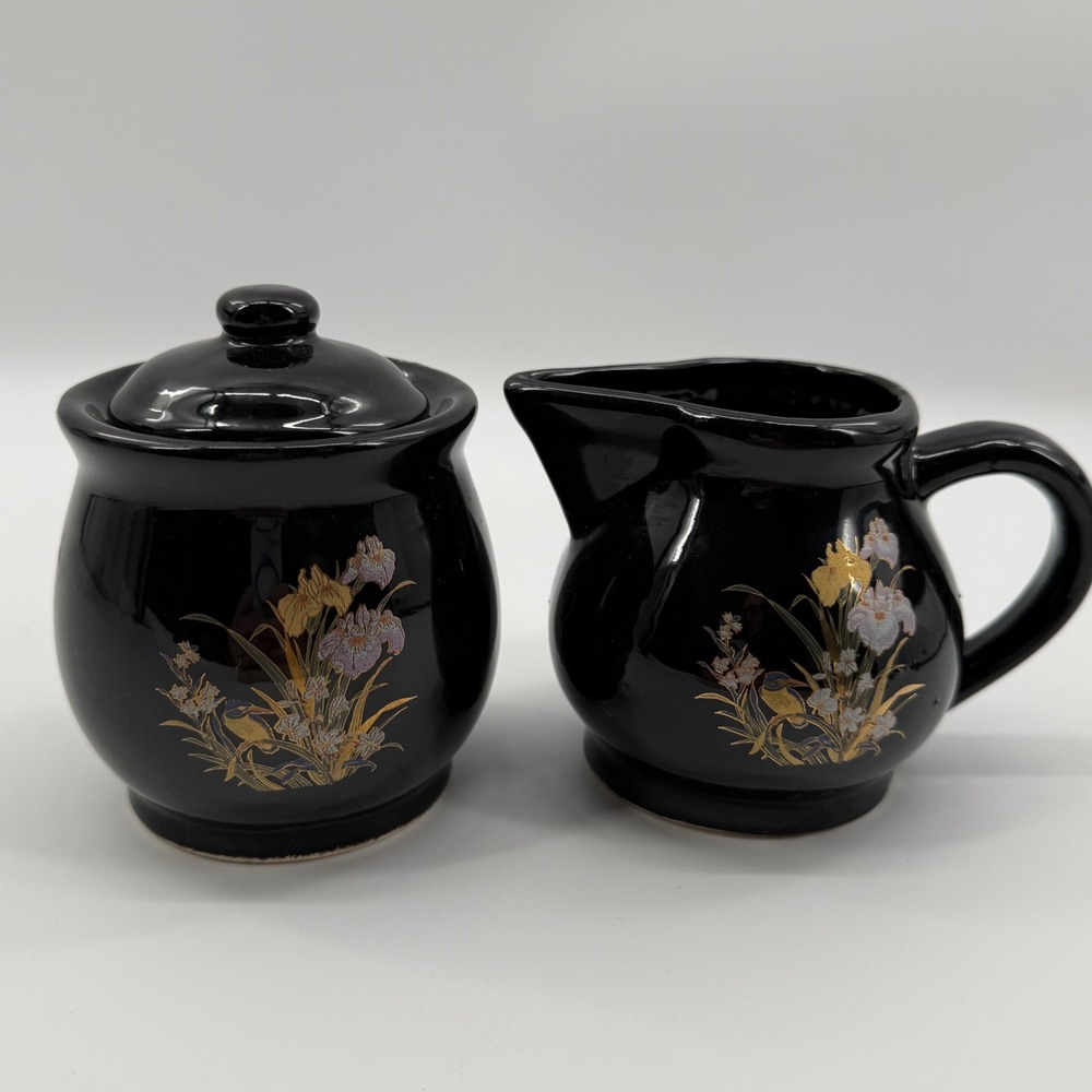 Floral Black Sugar Bowl Creamer Set Taiwan Iris Gold Accent Kitchen Serving‎